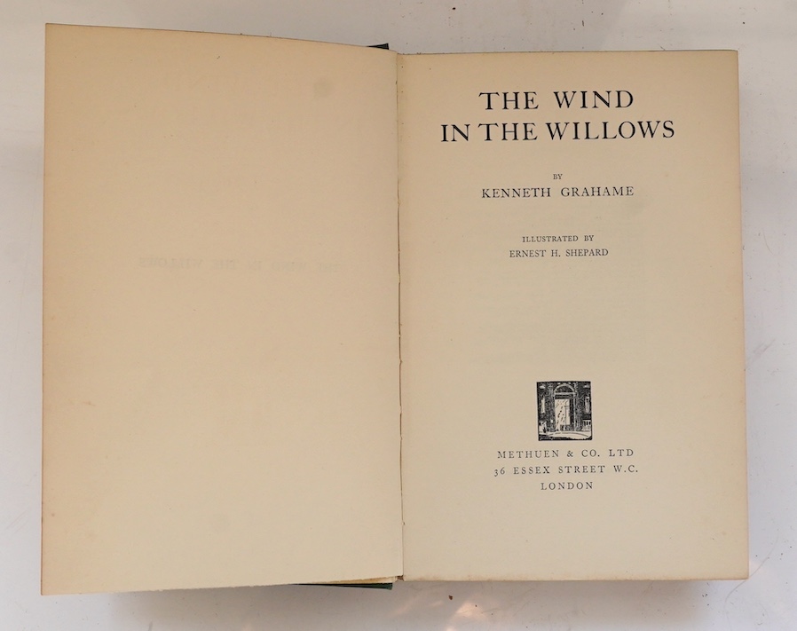Grahame, Kenneth - The Wind in the Willows. First Edition with illustrations by Ernest H. Shepard (some full page) and pictorial map on e/ps.; publisher's gilt pictorial cloth. 1931